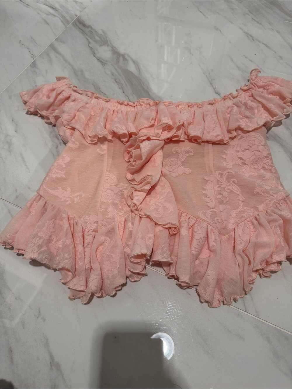 Anthropologie Peach Ruffled Off-Shoulder Lace Top